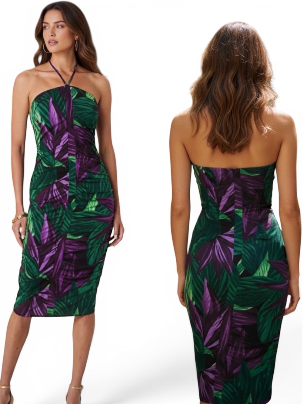 NWT Bold Elements Green Purple Tropical Halter Neck Bodycon Party Dress Size L